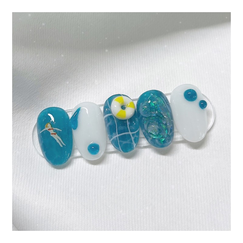 [Handmade Nail Tips] Aqua Wave Nail Tips - Coffin Egg