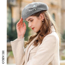 huablo Wool French Beret Hat for Womens Classic Solid Color Fall Winter Warm Cap for Lady Girl Wool Artist Hat Cashmere Berets Hat with Pearl Grey