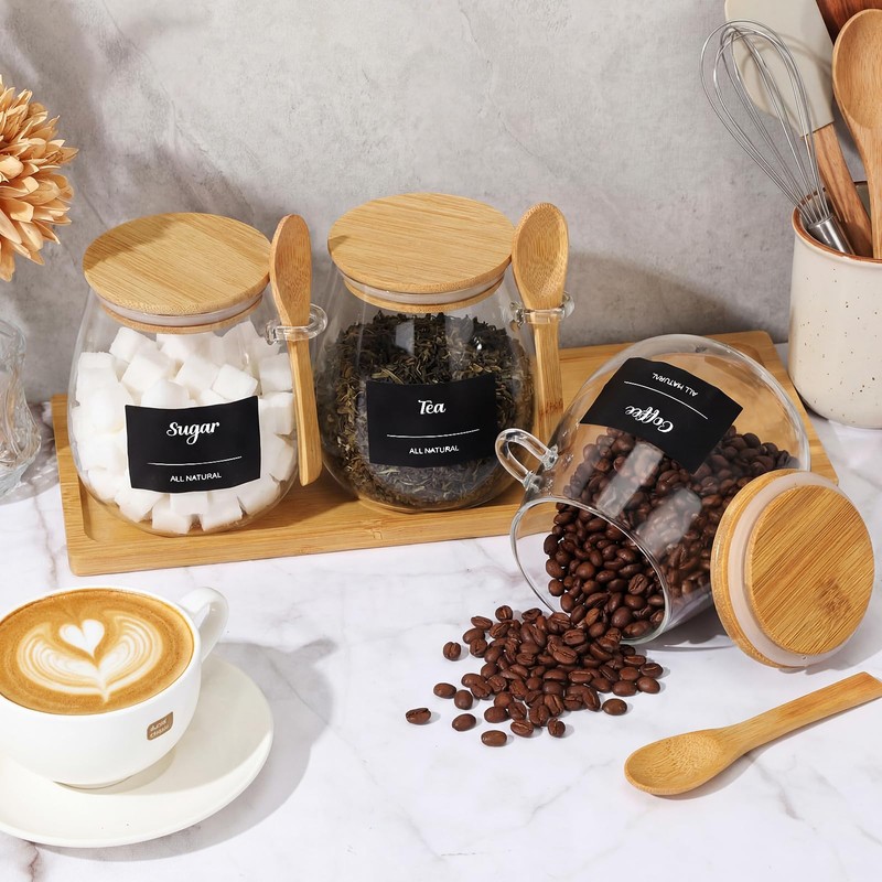 Suclain 3 Pcs Glass Coffee Container with Wooden Lid Spoon