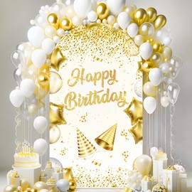 White Gold Happy Birthday Arch Cover 6.6x3ft 2-Sided White Gold Round Top Birthday Arch Backdrop Covers Arch Background Cover Panels for Women Birthday Party Banner Photo Props Supplies (No Frame)