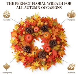 WSTPUPU Fall Wreaths for Front Door 24 Inch Fall Wreath with Orange Pumpkins Pinecones Maple Leaves Large Berries Autumn Wreath for Thanksgiving Harvest Wall and Porch Farmhouse Decor