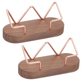 PATIKIL Wood Business Card Holder for Desk, 2 Pcs Desktop Business Card Holder Wooden Name Card Display Stand Organizer for Office Home Exhibition, Walnut Color, Rose Gold (Oval Based)