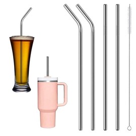 Stainless Steel Straws, Pack of 4 Reusable Long Straws, 304 Metal Straws with 1 Cleaning Brush, Cocktail Straws, Stainless Steel for Parties, Weddings, Birthdays, Silver, 31 cm