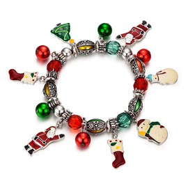 RareLove Cute Christmas Santa Claus Charm Beaded Bracelet Stretch Strand Elastic Xmas Tree Stcoking Snowman Bell Rings Red Green Beads Holiday For Women
