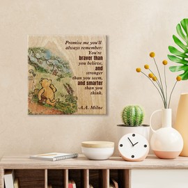 Winnie the Pooh Wall Art Decor Remember You're Braver Than You Believe Quote Canvas Painting Pictures Framed Canvas Print Sign Artwork Ready to Hang for Home Nursery (8x8 Inch)