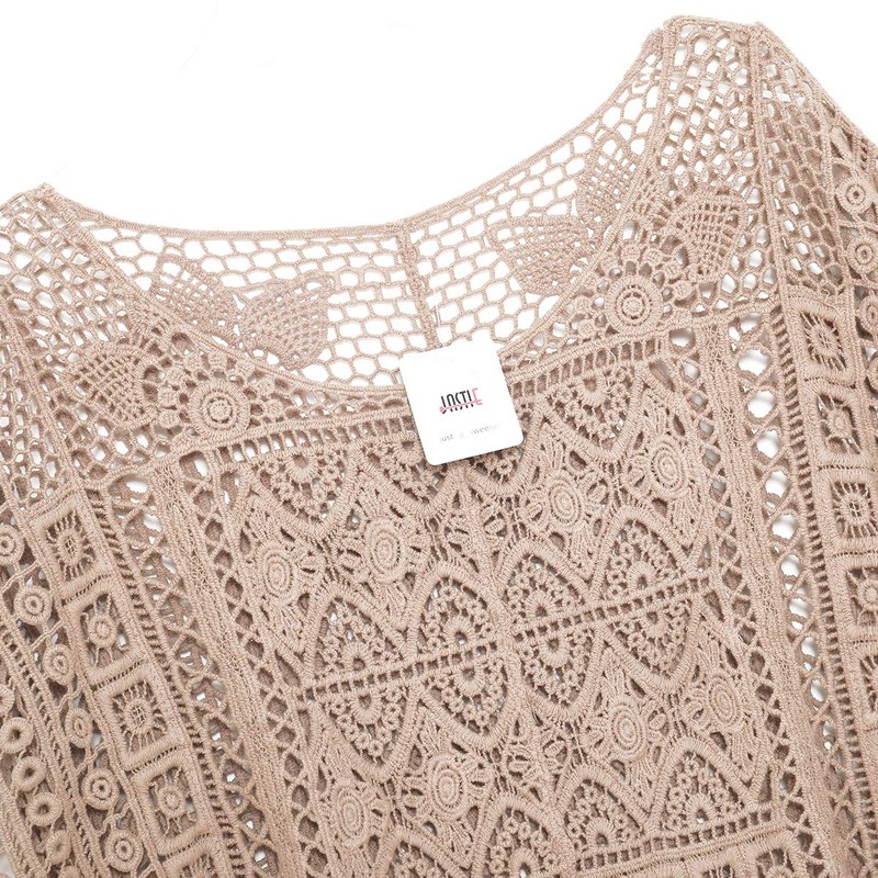 jastie Women Boho Hippie Crochet T-Shirt Short Top (Warm Taupe)