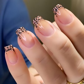 French Tip Press on Nails Medium Square OFDNE Nude Fake Nails False Nails with Leopard Print Designs Full Cover Glossy Glue on Nails Acrylic Nails Stick on Nails for Women Girls 24Pcs