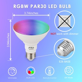 FTL PAR30 LED Color Changing Light Bulb with Remote Control, RGB Dimmable Colored Light Bulbs 10W=65W, 30 Colors, 2700K-6000K, Timer, Indoor Outdoor Flood Light Bulbs for Recessed Can Lighting 2-Pack