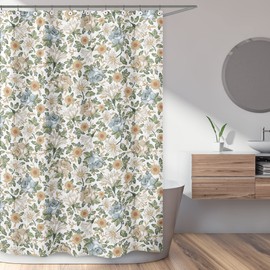 Sweet Jojo Designs Vintage Floral Blue Yellow Fabric Bath Shower Curtain for Bathroom - Slate Green Gold Orange Taupe Beige Shabby Chic Rose Flower Boho Bohemian Farmhouse Roses Wildflower Botanical