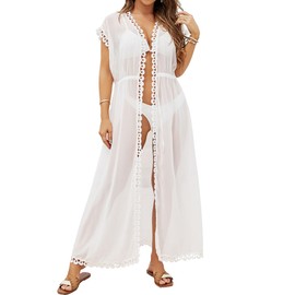 Bsubseach Mujer Traje de Baño Cubierta Kimono Largo de Verano Cardigan de Encaje Cubre Bikini Ropa de Playa Blanco
