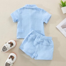 Haomibacu Toddler Boy Summer Texture Cotton 2 Piece Outfits Button Down Shirt Elastic Waist Short Suit Kids Casual Solid 2pcs Clothes Set 2-6 Years (Blue, 3-4T)