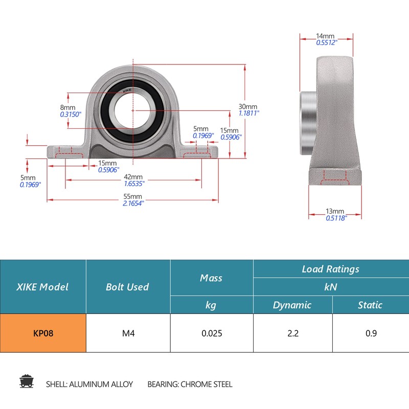 XIKE 4 Pcs KP08 Mounted Pillow Block Bearings Bore 8mm/0.31inch