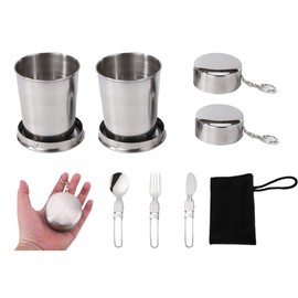 Anlising Stainless Steel Folding Cup, Pack of 2 Cups, Foldable Stainless Steel with Key Ring, 150 ml Stainless Steel Travel Folding Cup, Portable Folding Cup, Outdoor Telescopic Folding Cup, for