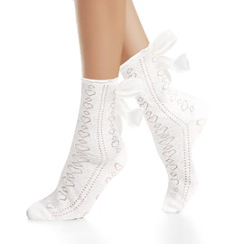 Benefeet Sox Womens White Ruffle Sheer Socks with Bows Mesh Lace Crew Socks Girls Cute Frilly Thin Nylon Socks Kawaii Transparent See Through Fancy Bowknot Princess Socks for Women Christmas Gifts