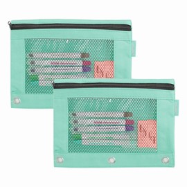 BAZIC Pencil Pouch 3 Ring Binder Pouch, Rivet Enforced Ring Hole, Mesh Window Zipper Case, Pastel Green, 2-Pack