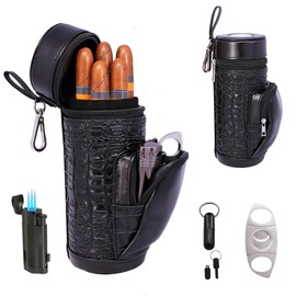 AMANCY Portable Black Cigar Humidor Travel Case, Slender Cylindrical Crocodile Pattern Leather Holder with Cigar Accessories for Men