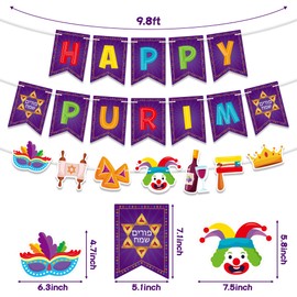 WATINC 2 in 1 Happy Purim Banner, Jewish Carnival Party Decorations, No DIY Needed Purim Party Favor Hang Banners, Holiday Mask Clown Hanging Bunting Supplies for Tree Fireplace Wall Decor (10 Feet)
