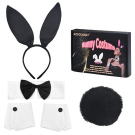 KESOCORAY KESOCORAY Women's Bunny Costume Set with Box Rabbit Ear Headband Collar Bow Tie Costume Cuffs Rabbit Tail Kit for Easter Party (Black)