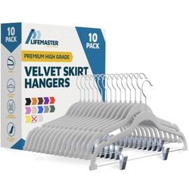 Lifemaster Velvet Skirt Hangers – with Adjustable Clips, 360 Degree Swivel Hook, and Non-Slip Shoulder Notch, Holds Up to 10 lbs, for Organizing Skirt, Pants, Dress, and Clothes, Pack of 10, White