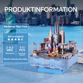 Tonecheer Spieluhr Holz 3D Puzzle, DIY Modellbausatz für Erwachsene, Drehbare Musikbox, Holzpuzzle Geschenke zur Hausdekoration Geschenk für Geburtstag Weihnachten Teenage(Modernes New York)