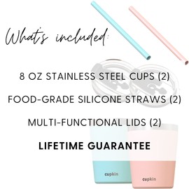 CUPKIN Toddler Straw Cups, The Original 8 oz Stackable Stainless Steel Cups for Kids, Set of 2 Powder Coated Insulated Straw Cup & BPA Free Lids + Reusable Silicone Straws (8oz Peach + Teal)