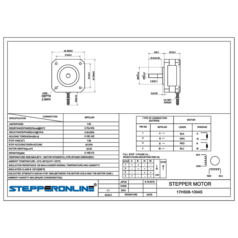 STEPPERONLINE Nema 17 Stepper Motor Bipolar 1A 13Ncm Stepper Motor