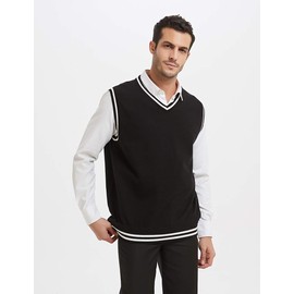 TopTie Mens Sweater Vest, Black and White Trimmed V-Neck Soft Knit Pullover