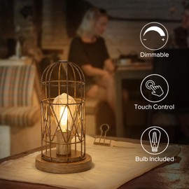 Touch Control Table Lamp for Small Spaces - 3 Way Dimmable Nightstand & Bedside Lamp for Bedroom & Living Room, Rustic Wood Cage Shade, Bulb Included