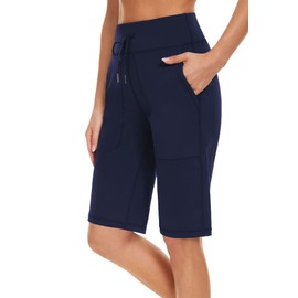 movvoche Bermudas deportivas de 12 pulgadas para mujer, longitud hasta la rodilla, para correr, entrenamiento, bolsillos elásticos, marino, XXL