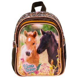 Ragusa-Trade Horse Fan Backpack Children's Backpack for Boys and Girls with Main Compartment and Drink Net, Various Designs, Brown/Pink (Der24)