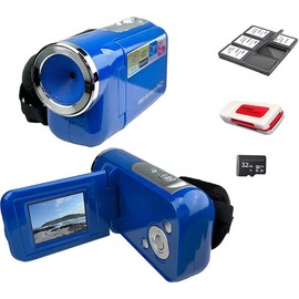 eDealz 16MP Megapixel Compact Digital Camcorder with HD Video and Photos - 16x Zoom, 2.4" Screen, 32GB Card, Memory Case, Reader and USB Cable (Blue Kit)