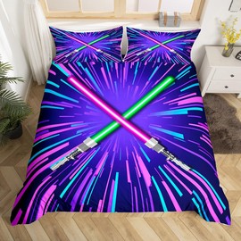 Feelyou Lightsaber Bedding Set Full Size Kids Red Blue Comforter Cover Set for Boys Teens Lightsaber Grommet Duvet Cover Future Technology Colorful Bedspread Cover Room Decor Quilt Cover