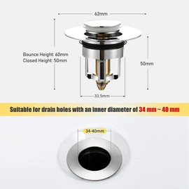 Universal Bathroom Sink Stopper, Brass Bullet Core Pop Up Drain Stopper with Filter Basket, Fits for 1.34'' to 1.57'' Drain Hole, Anti-Clogging Sink Drain Plug