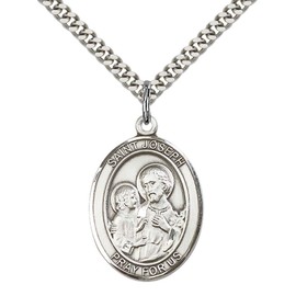 F A Dumont Sterling Silver St. Joseph Pendant (1' x 3/4') with 24' Stainless Silver Heavy Curb Chain - Patron Saint of Carpenters/Fathers/Dying - Includes Deluxe Flip Box