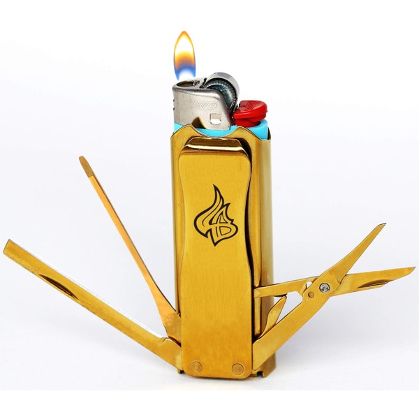 LighterBro Titanium Gold Icon - Stainless Steel Sleeve to Transform Your Pocket Lighter - Lighter Case with Poker, Super Sharp Knife & Scissors, Bottle Opener, Screwdrivers, & Keychain Holder