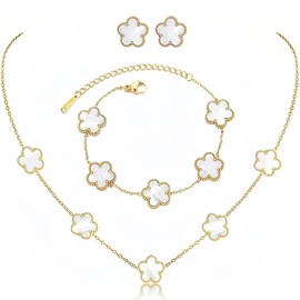 Golden Five-Leaf Clover Necklace, Bracelet, and Earrings Set, 18K Gold-Plated Necklace, Bracelet, and Earrings, Lucky Five-Leaf Clover and Three-Leaf Clover Pendant Necklace, Earrings, and Bracelet Set, Five-Leaf Clover Jewelry Gifts as Birthday Gifts