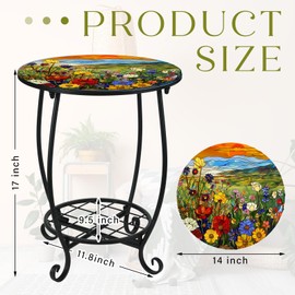 Cinnvoice Outdoor Side Table Round Small Mosaic Patio Accent Indoor End Plant Metal Coffee Tea Table for Yard Porch Garden Patio Living Room, Bedroom(Flower Style,14 Inch)