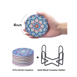 LIFVER Drinks Coasters Set of 8, Mandala Style Ceramic Coasters with Holder, 4 Inches Coasters for Drinks with Cork Base, Great Colorful Decor, Ideal Thanksgiving and Housewarming Gifts