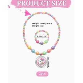 KGDUYC 2 pieces, girls' rainbow necklace, unicorn bracelet set, colourful crystal beads necklace, unicorn charm bracelet for children, pretend costume dress