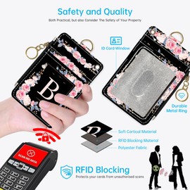 A-Z Letter 2-in-1 ID Badge Holder & Lanyard Wallet for Teachers,Nurse,Professionals-Cute Zippered Coin Pouch,Removable Wristlet & Neck Lanyard,5 Card Slots Stylish Work Essential B