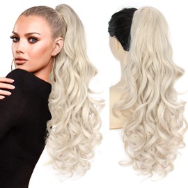 PORSMEER Ponytail Hair Extension Claw Clip in Ponytail Extensions Long Curly Wavy Ponytail Hair Extension Jaw Clip on Pony Tails Hairpiece for Women 26 inches (Platinum Blonde)
