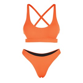 ZAFUL Womens Cutout Bikini Set Ribbed Scoop Neck Two Piece Bathing Suit Criss Cross Back Tie Swimsuits Orange