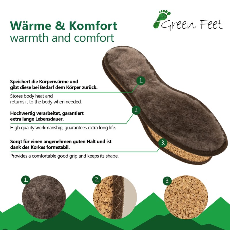 Real Warm Lambskin Insole, Brown, Cork or Texon, Made in