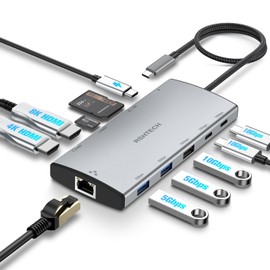 USB C Docking Station Dual HDMI, RSHTECH 11-in-1 USB-C Hub with 2x HDMI 4K/8K, Gigabit Ethernet, 3x 10Gbps USB 3.2 (2C+1A), 2x USB 3.0 Ports, 100W Power Delivery and SD/TF Card Reader (RSH-T11H)