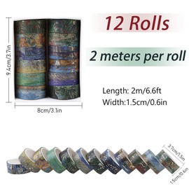 RISYPISY Washi Tape Set, 12 Rolls Gold Foil Van Gogh Oil Painting Patterns 6.6 ft Long Decorative Masking Tapes Vintage Artists Tapes for Journaling, Planners, Calendar, Scrapbook - 15 mm
