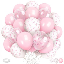 Pink Bow Balloons, YianHien 12 Inch Latex Light Pink White Bow Print Coquette Party Balloons for Girls Women, Pink Party Decorations for Birthday Anniversary Bridal Bachelorette Engagement Baby Shower