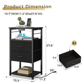 KKL Tall Nightstand with Charging Station and LED Lights, Bedside Table with Fabric Drawers, Open Shelves Storage for Bedroom, Black