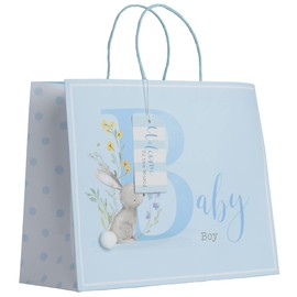 Partisan Products White Kraft Paper Rabbit Blue Baby Boy Gift Bag With Gift Tag Shopper Fully Recyclable Newborn Large