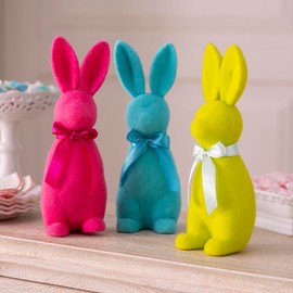 11 1/2" Easter Bunny Flocked Tabletop Decorations - Bright Holiday Colors - 3 Bunnies - Great for Tabletop, Mantel Decor