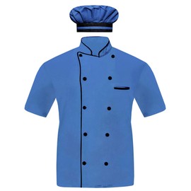 INFOHANDMADE Modeleling - chamarra de chef para hombre, media manga, 10 colores, chamarra de chef con gorra, Azul-cielo, Large